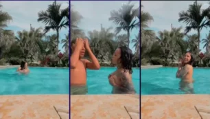 Mujer llamada Jordan mostrándose sin ropa y ebria en la piscina