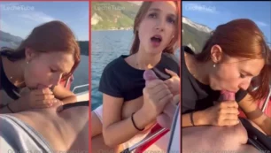 Encantadora mujer usando encaje disfruta de sexo oral al aire libre en un barco