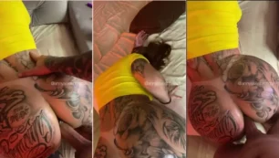 Anny Alves, llena de tatuajes y culona, ​​grabando vídeos como una estrella del porno con una pareja cuerpaza en la cama