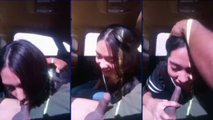 Chica tímida le hace sexo oral al conductor de la aplicación en el asiento trasero