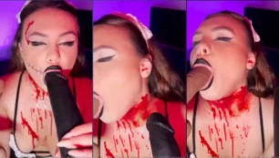 Jana Jenner disfrazada de Halloween practicando sexo oral caliente con dos juguetes eróticos de silicona