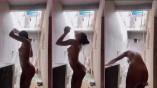 Raiany Keise haciendo un pequeño juego de rol desnuda y refrescándose con una ducha en su patio trasero