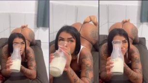 Dessa Delle de Onlyfans tomando leche con el culo respingón y usando microbragas