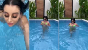 Mikaela Testa mostrando y meneando sus grandes tetas en la piscina