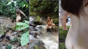 Eva, una mujer moderna y atractiva, paseando desnuda por la naturaleza