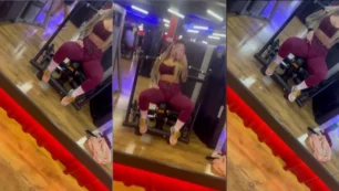 Débora grabando vídeos en el gimnasio con pantalones ajustados