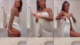 Karol Rosalin de OnlyFans mostrando su tonificado cuerpo, toda bronceada en bikini tanga después de la ducha