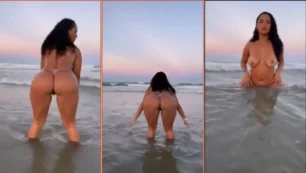 Efectuando un twerk en público simplemente irresistible en la playa, completamente sin ropa