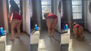 Jana Jenner, mujer corpulenta, limpiando la casa en shorts ajustados