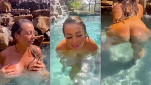 Jenni Neidhart toda bronceada se divierte en la piscina y se aprieta las tetas luciendo su buena forma