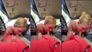 Rubia haciéndole una mamada a su amiga de la universidad en el coche