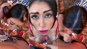 Realización de sexo oral y eyaculación en el pecho al aire libre por parte de Playmatemahiza