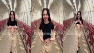 Crislaine Chan mostrando sus grandes pechos naturales en público en la estación de metro