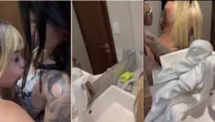 Divinskull follándose a una flaquita en un baño en situación de trío