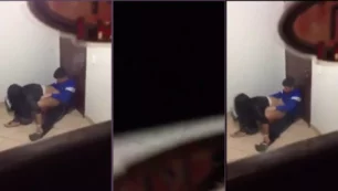 La joven es filmada dando un paseo en su novio en el pasillo del apartamento