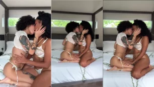 Naomi y su amiga intercambiando caricias y besos íntimamente en la cama