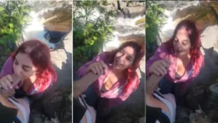 Ruivinha follando oral sabroso en un hombre al aire libre