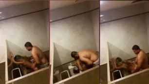 Video casero muestra a una chica delgada divirtiéndose con un chico más grueso en el baño de una fiesta